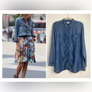 J. Jill Denim Blue Chambray Chest Pockets Button Down Blouse Top Large Petite